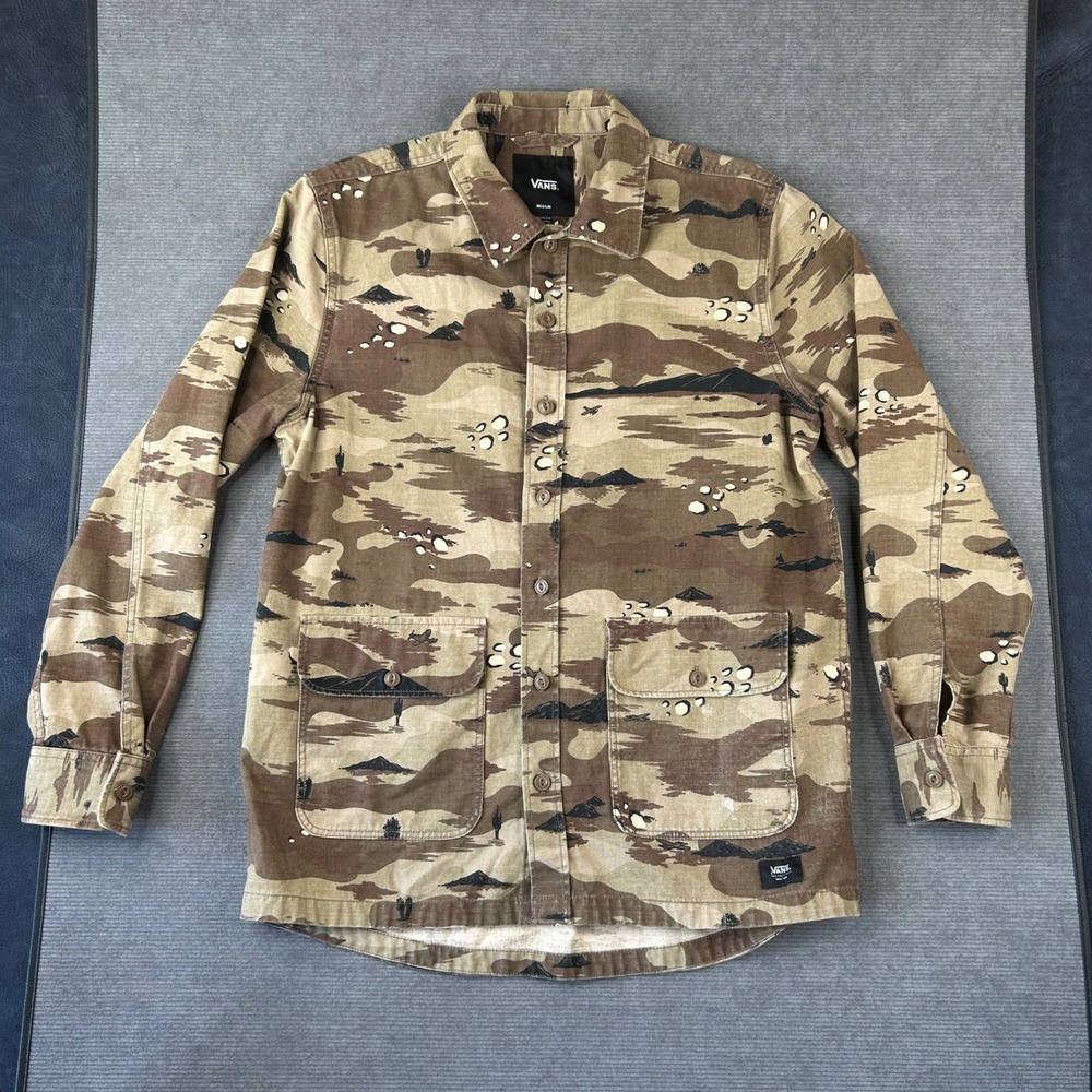 Vans Mens Desert Camo Button Down y2k Shirt M Brown Tan Mountain Utility Jacket